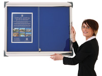 Glass sliding showcase with blue frame