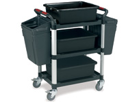 Plastic 3-shelf trolley c/w trays & side bins Plastic 3-shelf trolley c/w trays & side bins